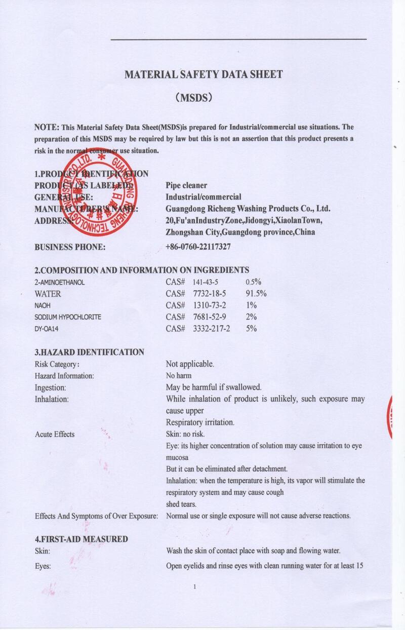Pipe Cleaner MSDS Data