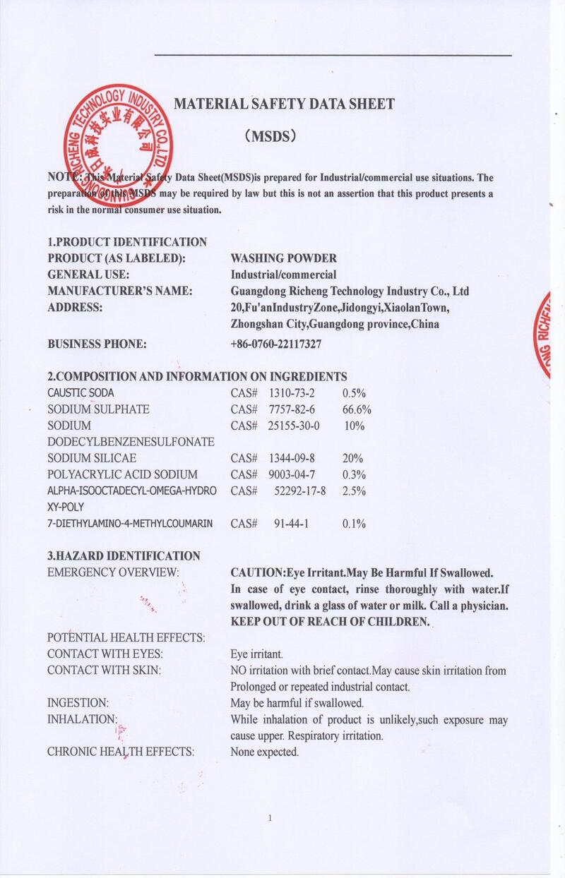 Washing Powder-Material Safety Data