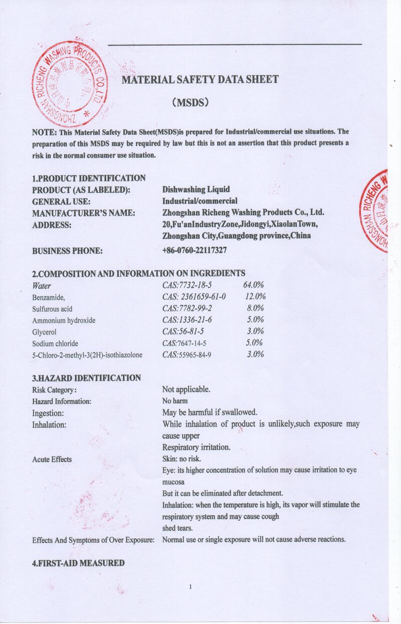 Dishwashing Liquid Material Safety Data