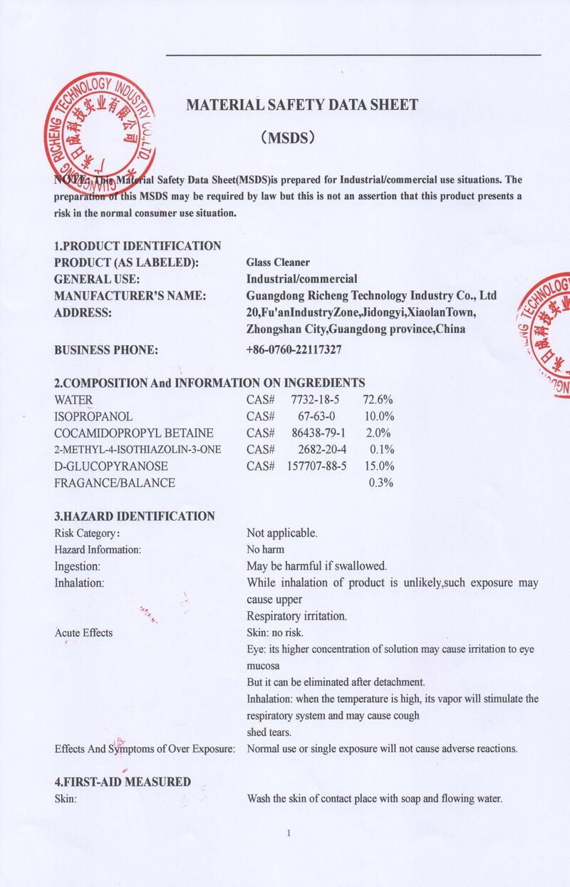 Glass Cleaner Material Safety Data