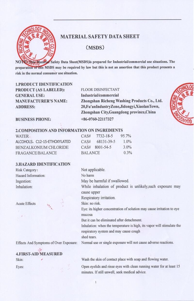 Floor Disinfectant Material Safety Data