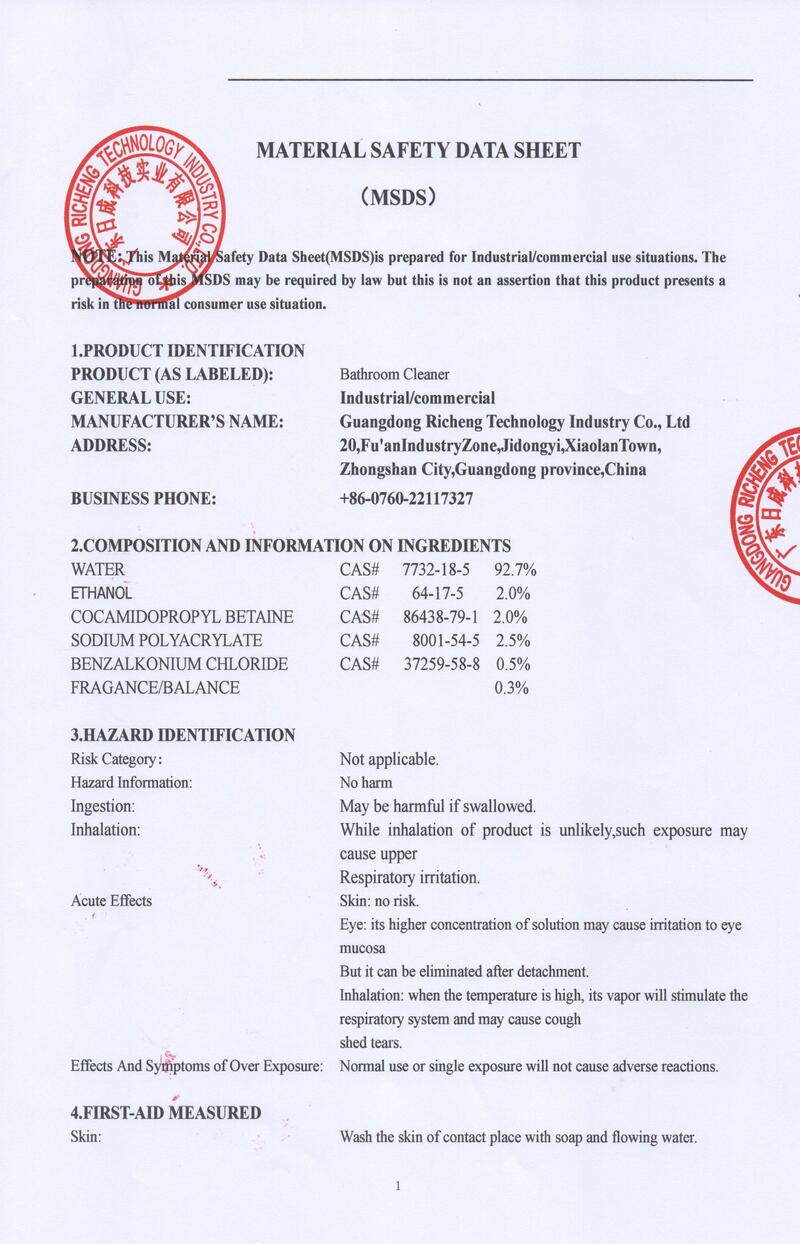 Bathroom Cleaner Material Safety Data
