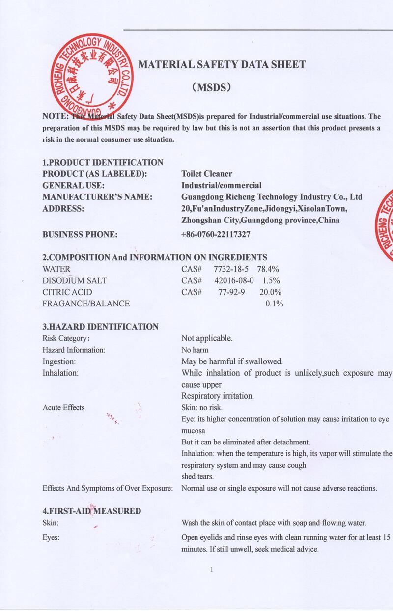 Toilet Cleaner Material Safety Data