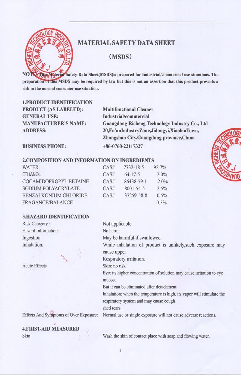 Multifunctional Cleaner Material Safety Data