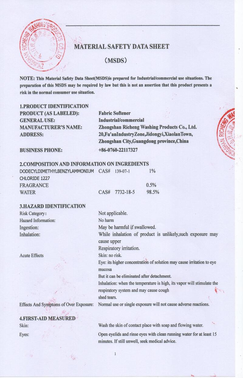 Fabric Softener Material Safety Data