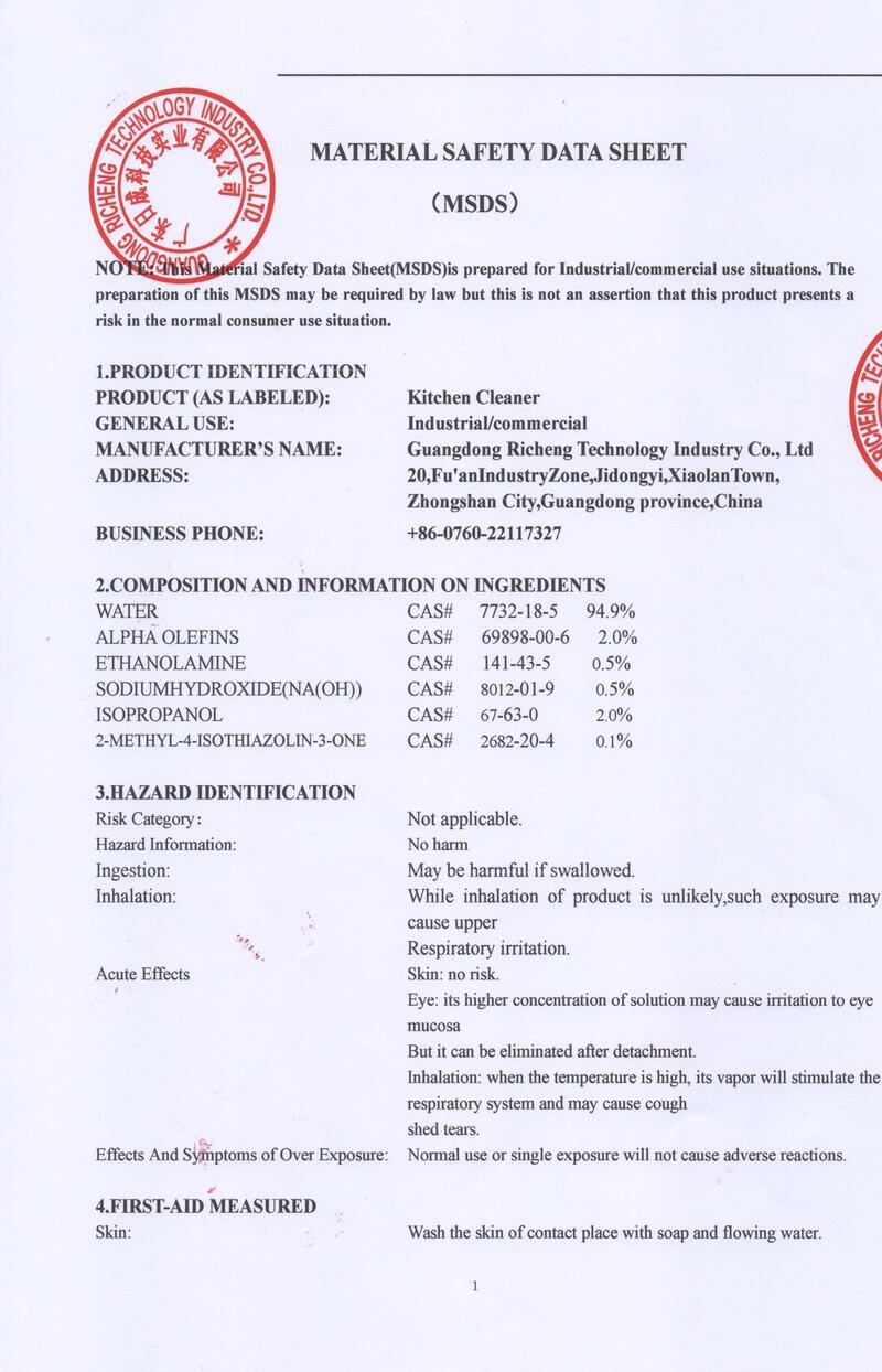 Kitchen Cleaner Material Safety Data 