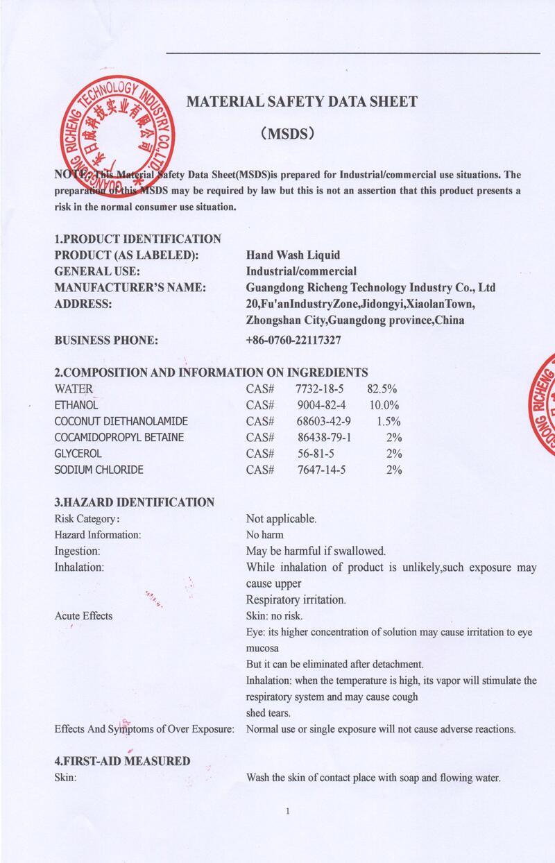 Hand Wash Liquid Material Safety Data